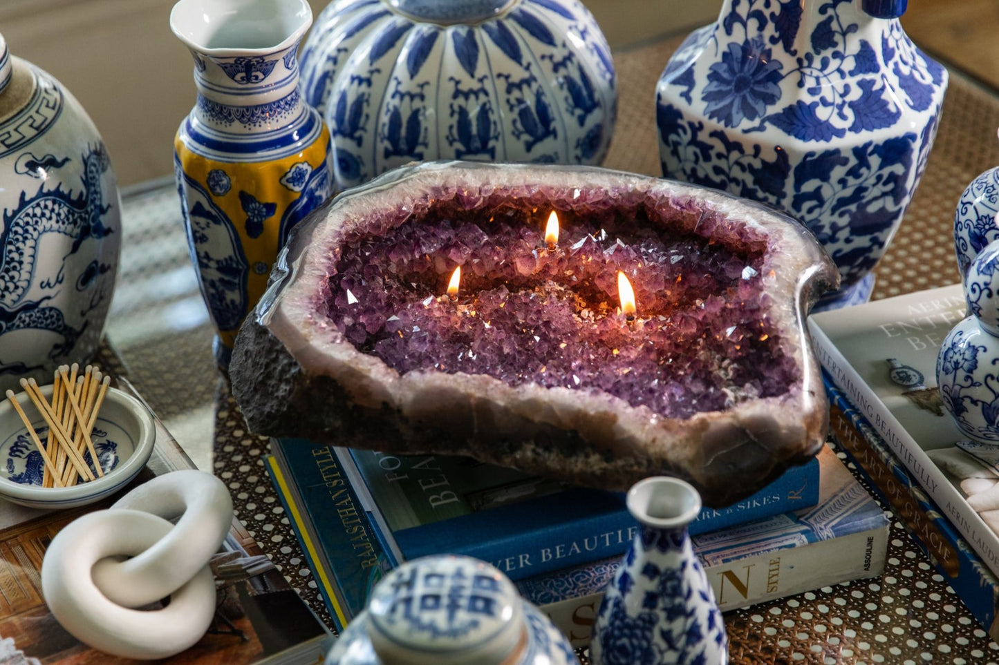 Amethyst Platter Centerpiece Oil Candle (3 wicks)